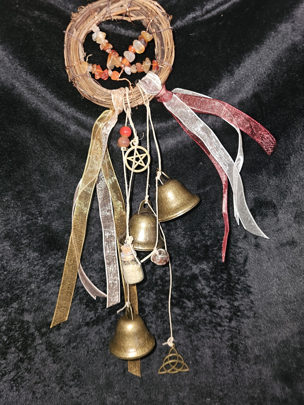 Handcrafted Rustic Bell Wind Chime with Amber Beads and Ribbons